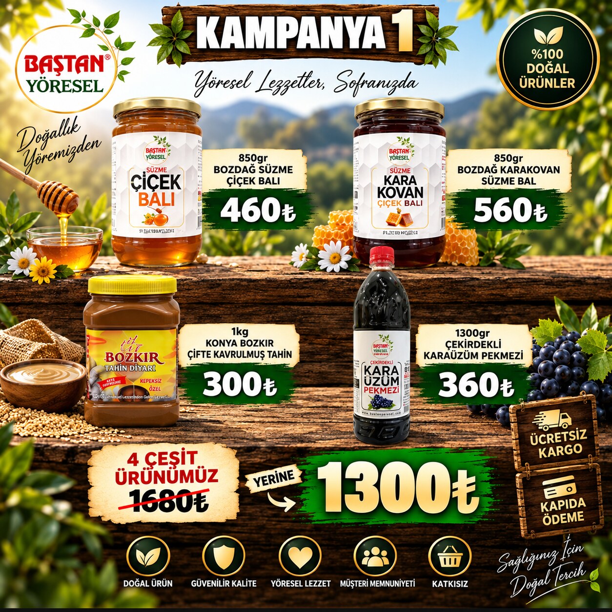 Kampanya 1 - Çiçek Balı, Karakovan Bal, Tahin ve Karaüzüm Pekmezi Paketi