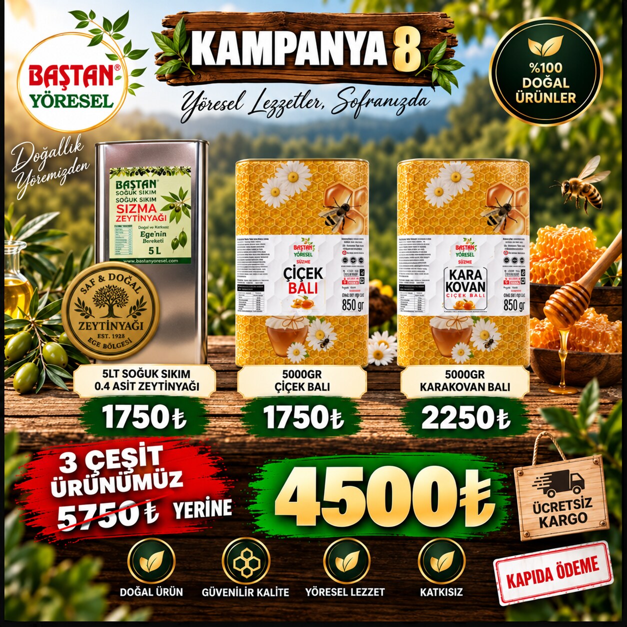 Kampanya 8 - 5lt Zeytinyağı, 5kg Çiçek Balı ve 5kg Karakovan Balı Paketi