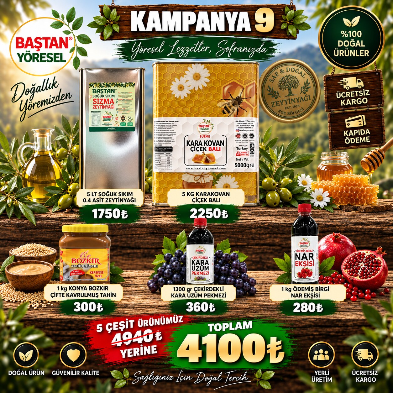 Kampanya 9 - Zeytinyağı, Karakovan Bal, Tahin, Pekmez ve Nar Ekşisi Paketi