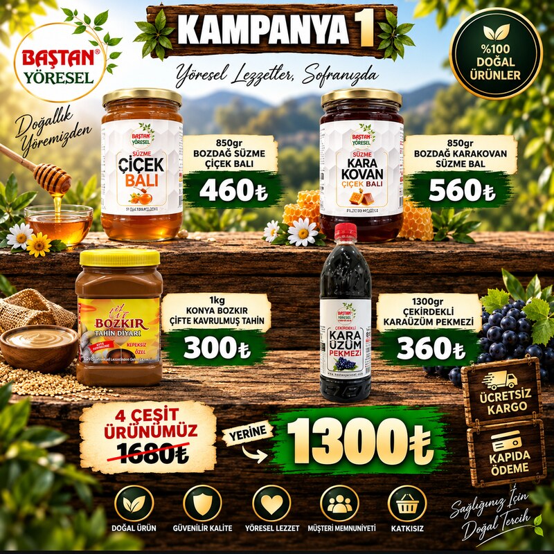 Kampanya 1 - Çiçek Balı, Karakovan Bal, Tahin ve Karaüzüm Pekmezi Paketi