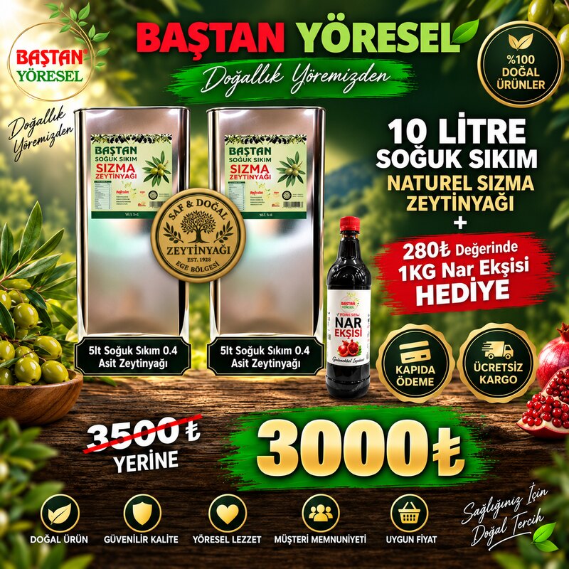10 litre soğuk sıkım naturel sızma zeytinyağı ve hediye 1kg nar ekşisi paketi