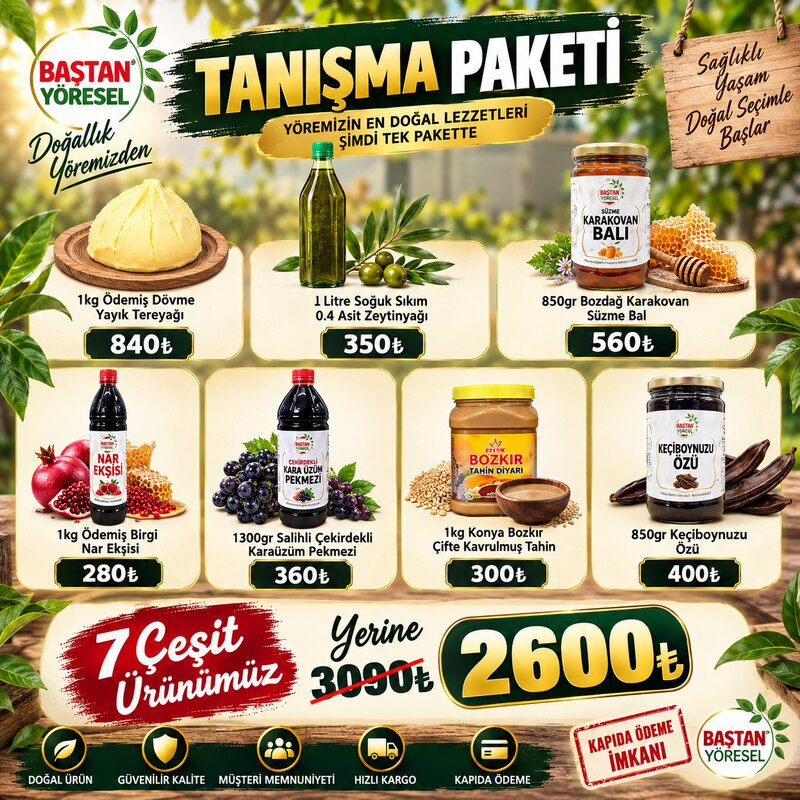 Tanışma paketi: tereyağı, zeytinyağı, karakovan bal, nar ekşisi, karaüzüm pekmezi, tahin ve keçiboynuzu özü