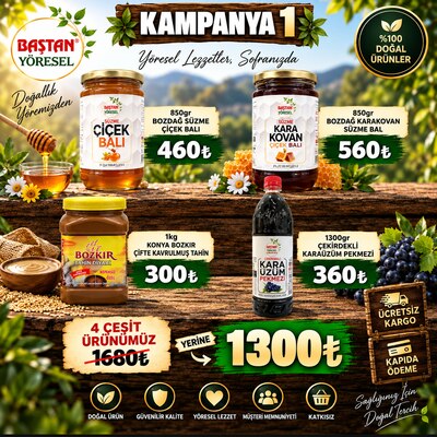 Kampanya 1 - Çiçek Balı, Karakovan Bal, Tahin ve Karaüzüm Pekmezi Paketi