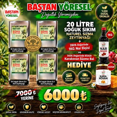 20litre Soğuk Sıkım 0,4 Asit Sızma Zeytinyağı - 1kg Nar Ekşisi ve 850gr Karakovan Süzme Bal Hediyeli 🎁(Ayrıca Sürpriz Hediyeli ‼️)